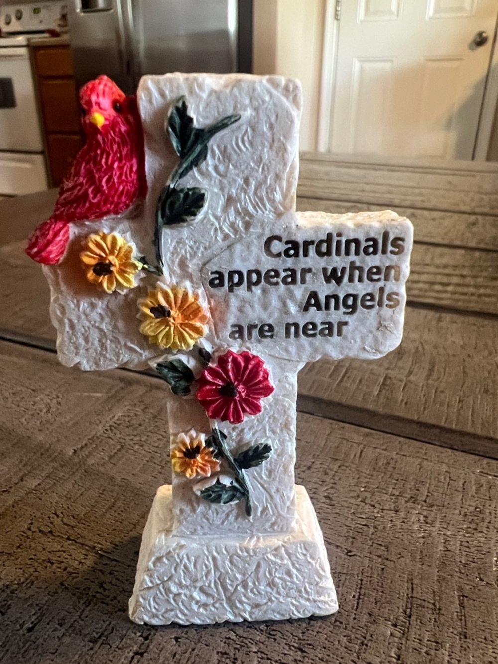 FREE GIFT with purchase Cardinal on Cross Figurine w Flowers - Very Small 3 inch